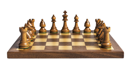 A complete chess set with wooden pieces arranged on a chessboard cut out transparent isolated on white background PNG file