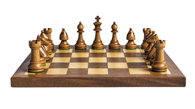 A complete chess set with wooden pieces arranged on a chessboard cut out transparent isolated on white background PNG file