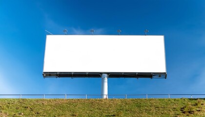 Empty white billboard against a clear blue sky, ready for advertisement or promotional content, mounted on a grassy hill.