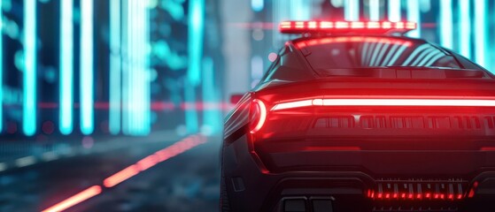 Cyber cop, patrolling futuristic city streets, neon lights, cyberpunk style