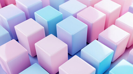 Obraz premium A harmonious arrangement of pastel-colored cubes, featuring gradients of blue, pink, and purple, creating a visually appealing and soothing abstract art perfect for modern aesthetics.