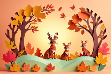 Three Paper Animals in a Colorful Autumn Forest Surrounded by Falling Leaves