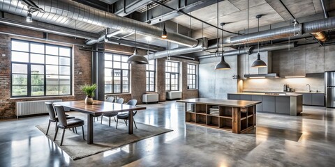 industrial chic modern refurbs exposed ductwork polished concrete steel accents urban loft feel industrial textures stark minimalist simplicity