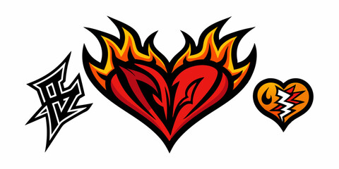 Heart tattoo Neo tribal set, gothic rock flame shape kit, vector u2k abstract love logo concept. Valentine punk retro sticker collection, neotribal web goth decoration. Stylised heart tattoo prints