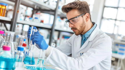 Researcher Conducting Laboratory Experiment wearing protective glasses and gloves