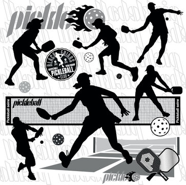 Silhouettes of 6 pickleball players (3 girls and 3 guys} 2