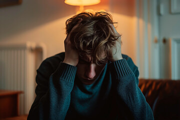 Young man having anxiety attack at home. Indoor portrait of teenager in distress. Intimate portrait of a person feeling overwhelmed.