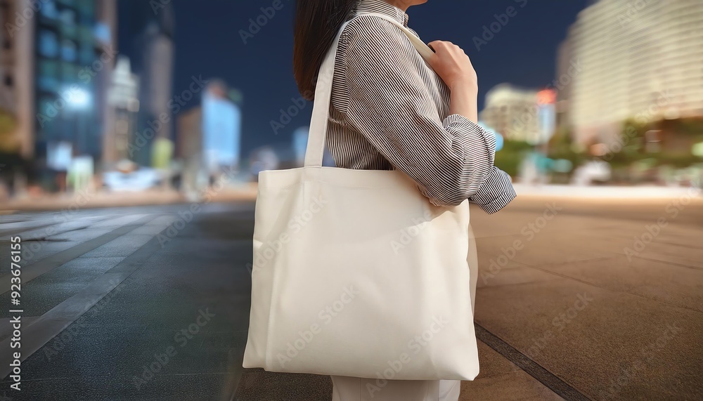 Wall mural woman with white tote bag standing on city street at night with blurred lights in the background. fa