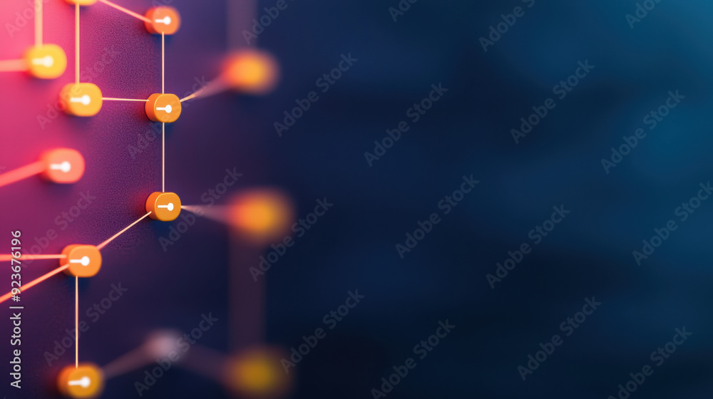 Poster abstract network diagram with connected dots on dark background, illustrating communication technolo