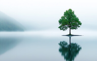 Obraz premium A solitary tree stands gracefully in the middle of a mist-covered lake, reflecting in the calm waters, creating a serene and tranquil natural scene.