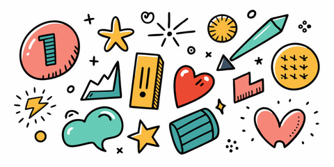 Doodle word scribble set, vector hand drawn sketch icon, messy handwriting lettering collection. Pencil ink wall inscription comic emotion sign, heart, stars, emphasis elements. Simple doodle word