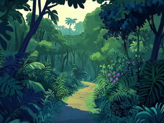 Dense jungle with a narrow path winding through thick undergrowth and tall trees, vector illustration art