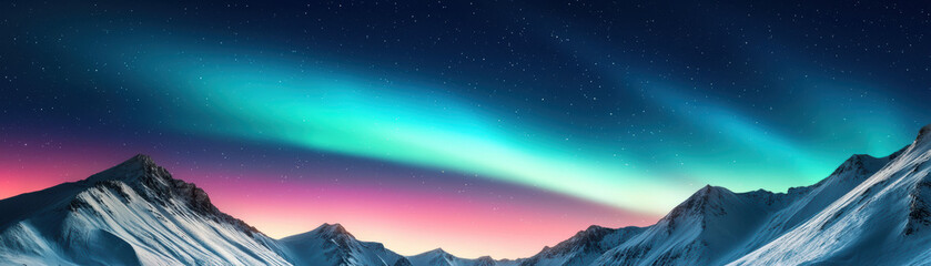 Obraz premium Stunning image of the Northern Lights over snow-covered mountains with a starry night sky backdrop. Perfect for nature and landscape enthusiasts.