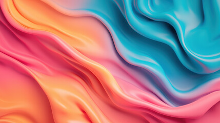Fototapeta premium Vibrant and flowing abstract background with colorful silky waves in shades of blue, orange, pink, and yellow, creating a dynamic and soothing visual effect.