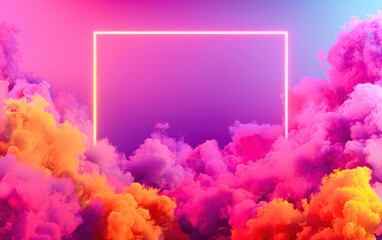 Fototapeta premium A vibrant neon rectangular frame floating against a colorful background of purple, pink, and yellow clouds, creating a dreamy and futuristic atmosphere.