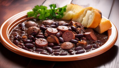 Fototapeta premium Feijoada, the tradition of Brazilian cuisine. Tasty feijoada dish with crackling, generative IA
