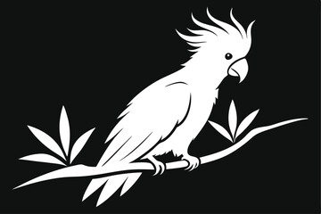 Isolated black and white parrot silhouette, a wild bird on a branch