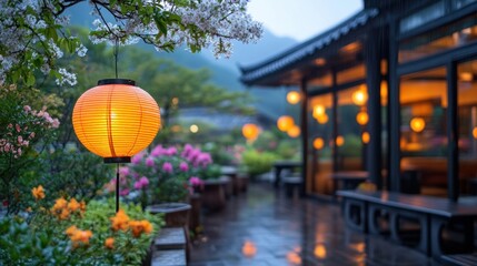 Fototapeta premium Lanterns gently drifting above a traditional tea house, with the warm glow spilling out of the windows