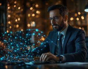 businessman managing a virtual office space, with connection lines linking to remote workers, project data, and collaborative tools