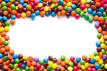 Obraz premium Frame of colorful chocolate candy on white background with space for text