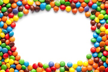 Obraz premium Frame of colorful chocolate candy on white background with space for text