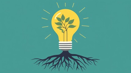 Bright light bulb with roots, ideas taking root and growing, flat design illustration