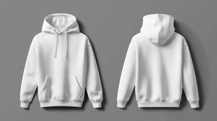 Blank sweatshirt mock-up template featuring front and back views, isolated on a grey background. Includes plain white hoodie mockup for design presentation. Suitable for print on jumpers and sweaters