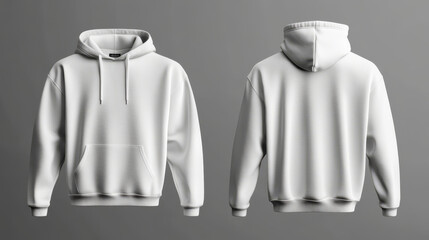 Blank sweatshirt mock-up template featuring front and back views, isolated on a grey background. Includes plain white hoodie mockup for design presentation. Suitable for print on jumpers and sweaters