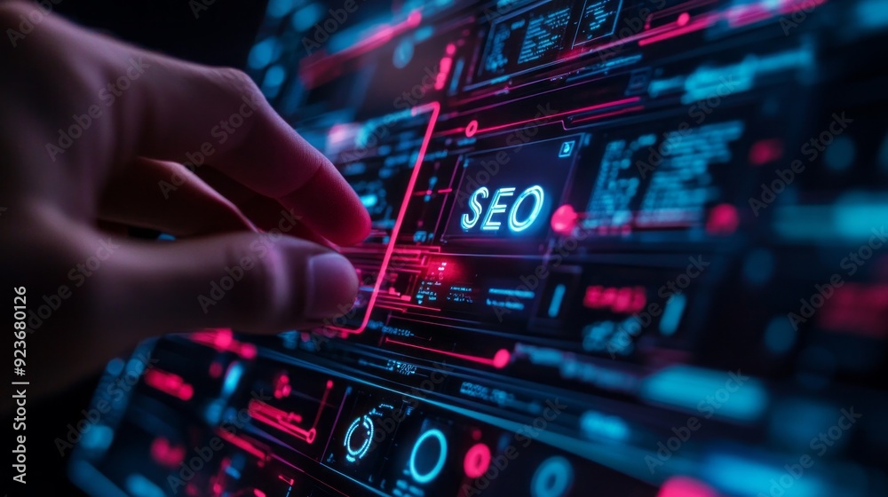 Aufkleber a hand reaches out to engage with vibrant digital displays showcasing search engine optimization ele