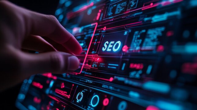 A hand reaches out to engage with vibrant digital displays showcasing search engine optimization elements in a cutting-edge environment