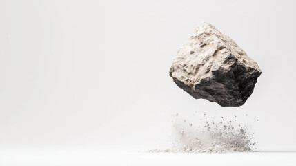 Fototapeta premium A large rock suspended mid-air impacts a powdery surface, creating a burst of dust against a plain white background, emphasizing motion and texture.