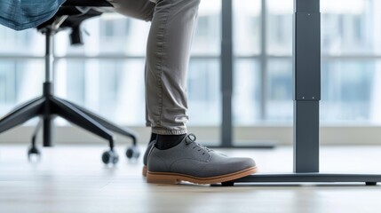 Obraz premium Adjusting to the Modern Office: A close-up of a man's feet adjusting a standing desk converter, embracing ergonomic comfort and work-life balance in a bright office setting. 