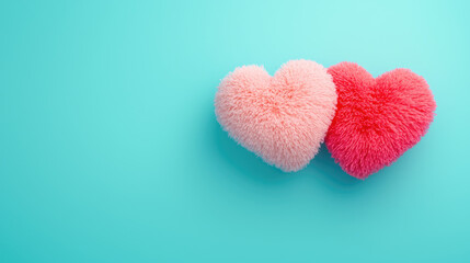 Obraz premium Two fluffy heart shapes in pink and red resting on a bright turquoise background, perfect for love and romance themes.