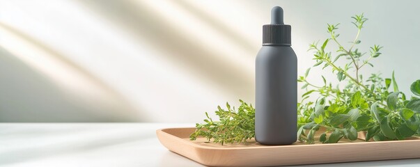 Fototapeta premium Matte grey dropper bottle with a sleek design, placed on a wooden tray with fresh herbs and soft natural light.