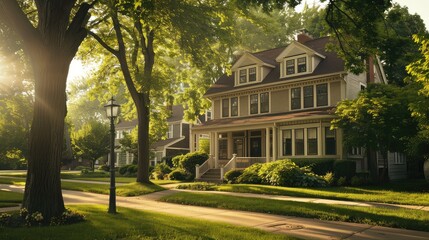 Fototapeta premium A charming, two-story house with a porch sits on a quiet street lined with trees, bathed in the warm glow of morning sunlight.