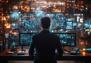 businessman controlling a global network of offices and partners via data streams and holographic interfaces