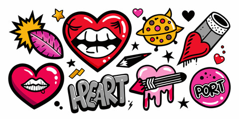 Doodle love grunge rock set, graffiti groovy punk heart vector print kit, emo gothic hand drawn sign. Marker scribble sticker, crayon wax paint collage icon, lips. Romantic Valentine Day heart doodle