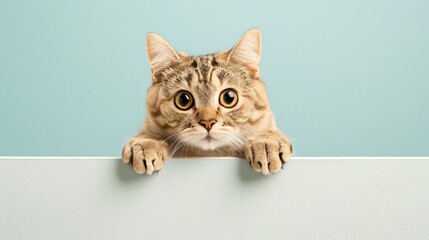 A little kitten is lying on a white board, looking at the viewer.