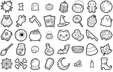 Set Of Outline Helloween Icon Set Icons Web Header Banner Design Containing Light,Halloween,Sweet,Creepy,Eyeball Vector Illustration Linear Pictogram Pack