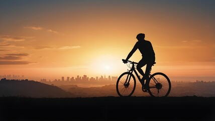 Obraz premium Silhouette of a cyclist on a hill at dawn with the city in the distance 