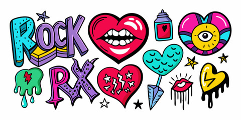 Doodle love grunge rock set, graffiti groovy punk heart vector print kit, emo gothic hand drawn sign. Marker scribble sticker, crayon wax paint collage icon, lips. Romantic Valentine Day heart doodle