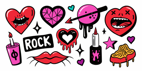 Doodle love grunge rock set, graffiti groovy punk heart vector print kit, emo gothic hand drawn sign. Marker scribble sticker, crayon wax paint collage icon, lips. Romantic Valentine Day heart doodle