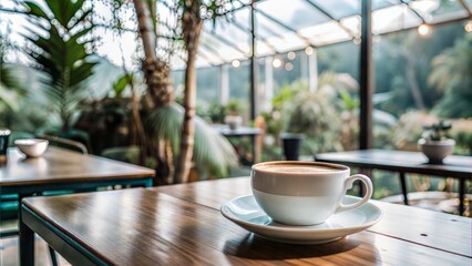 Coffee cup on table of cafe jungle Interior with blurred background
