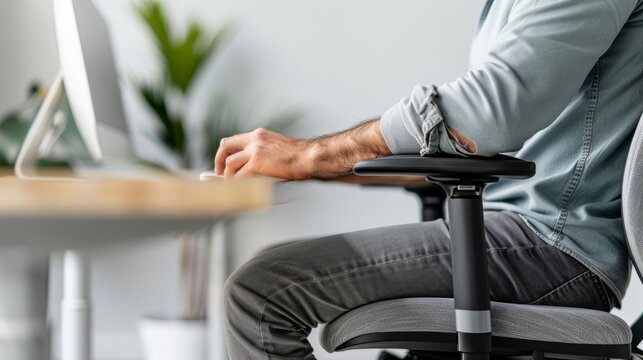 Ergonomic Comfort: A close-up of a man working at a desk, showcasing the ergonomic design of his office chair, promoting comfort and productivity.  