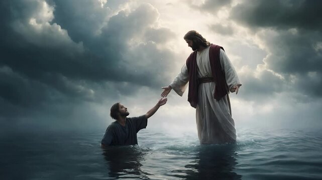 Jesus Christ saves Peter from drowning, christian background, motion loop