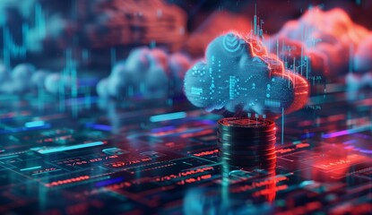 3D render of a cloud with digital data and coins on a futuristic background