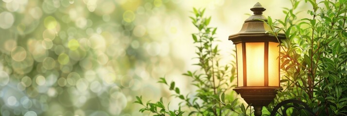 Gas Lamp Surrounded by Spiky Shrubs with Blank Area on the Right