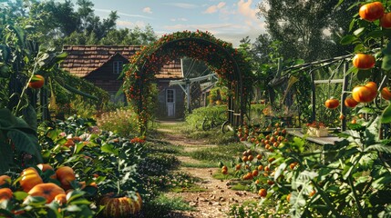 Obraz premium A lush garden path leads to an archway, surrounded by vibrant greenery and ripe pumpkins.