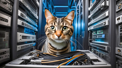 A cat working in a server room, equipment in the background