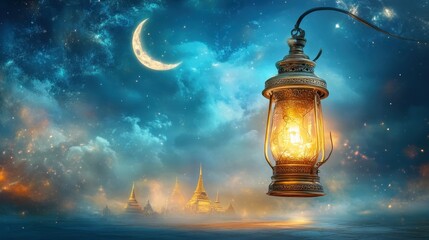 Obraz premium A single lantern rising above an ancient temple, with the moon peeking through clouds